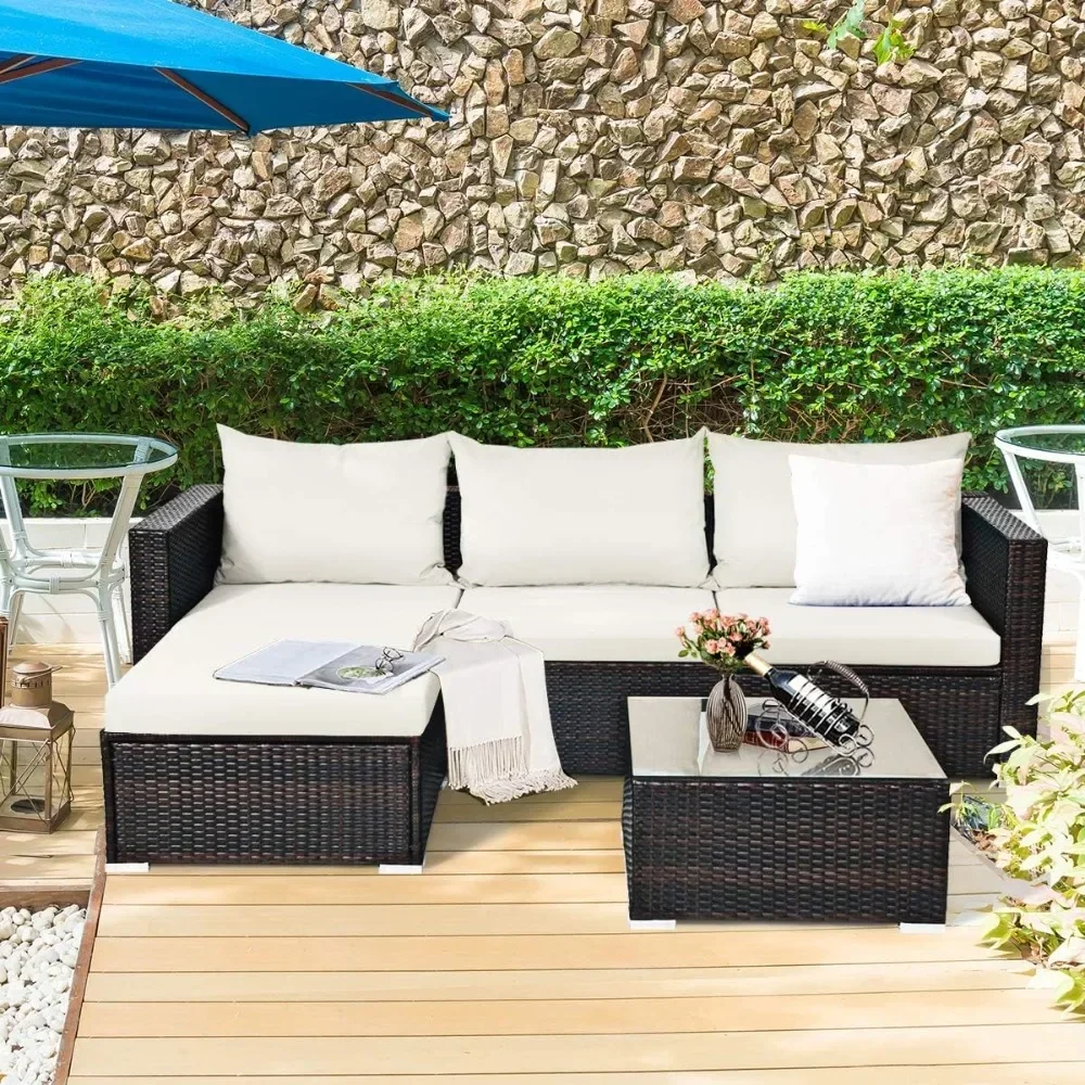

Outdoor Sofa Sets, Sturdy Frame, Wicker Sectional Sofa Set with Glass Top Coffee Table, 5 Piece Outdoor Garden Sofas Sets