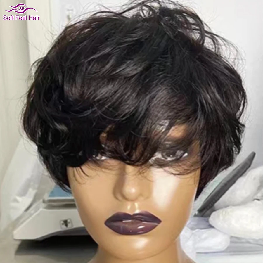 Short Wavy Pixie Cut Wig Human Hair Wig with Bangs for Women Full Machine Made Wigs(6 Inch 150% Density) human hair wigs