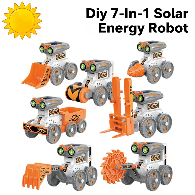 Diy 7-In-1 Solar Energy Robot Children's Toy Excavator Lift Drilling Machine Deformation Panel Power Supply Model for Boys Gift