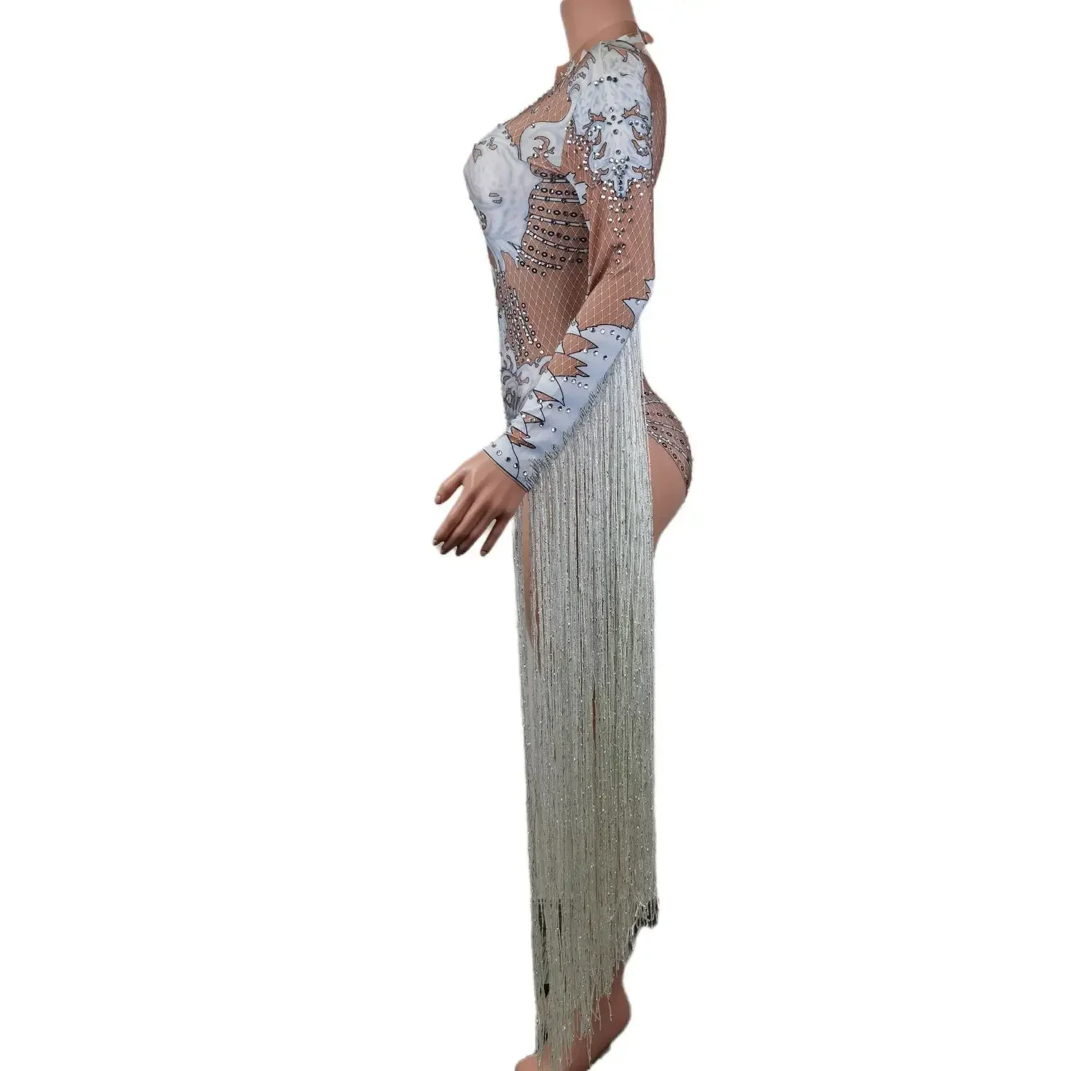 New Designer Print Rhinestone Tassel Rompers Ladies Short Jumpsuit Slim Fit Show Dance Leotard Women Stage Performance Bodysuits