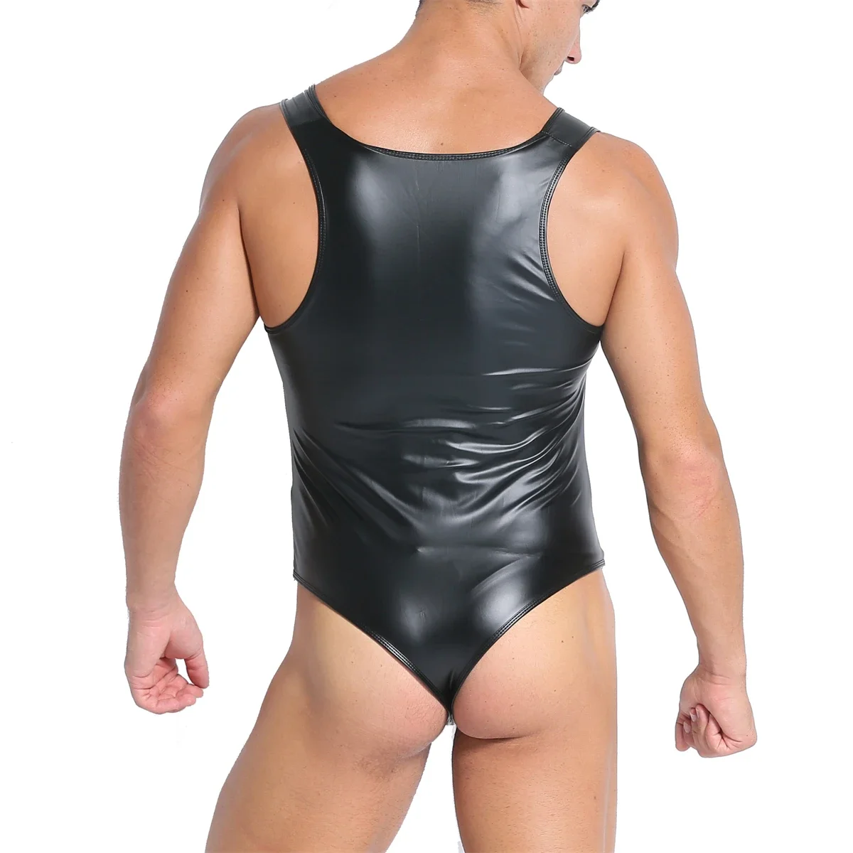 Mens Sexy Faux Leather Leotard One-piece Bodysuit Wrestling Singlet Gay Jumpsuits Deep U-neck Male Undershirts Rompers Underwear