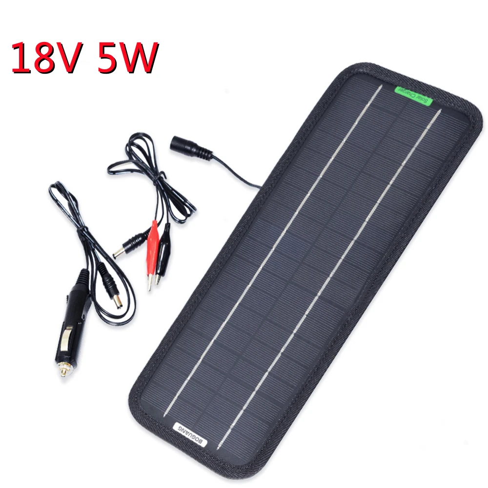 5W 18V DC Output Monocrystalline Solar Panel Charger With Car Cigarette Lighter Plug + Battery Charging Alligator Clip Cable