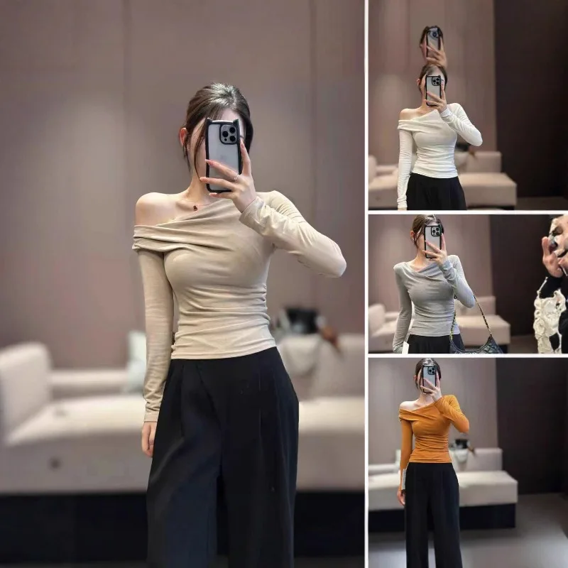 Damen T-Shirt Herbst Neu Schulterfreies Asymmetrisches One-Shoulder Langarm-T-Shirt für Mädchen Studentinnen Schlankmachendes Shirt