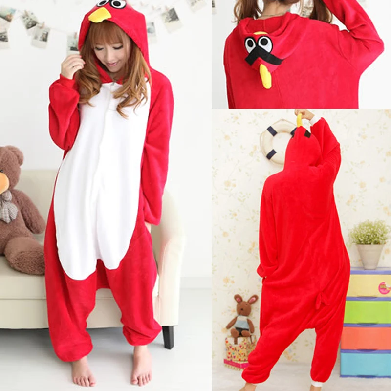 Miniso Red Birds Footed Anime Kigurumi Onesies Cosplay Costume Pajamas For Adults Halloween Home Sleepwear Pyjamas