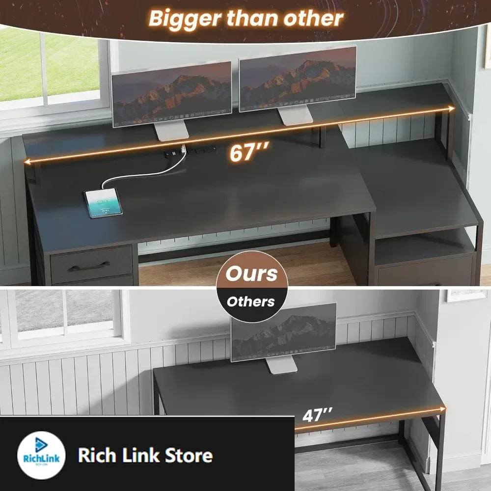 Computer Desk with 5 Drawer, Power Outlet & Led Lights, 66'' Home Office Desk with File Drawer, Storage, Monitor Shelf, Gaming 1