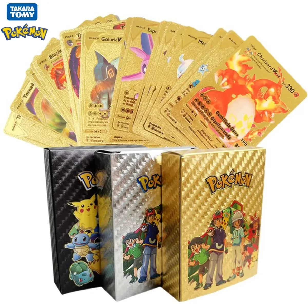 Pokemon Cards Metal Gold Vmax GX Card Box Black Mewtwo Charizard Pikachu Rare Collection Battle Trainer Card Children Toys Gift pokemon cards