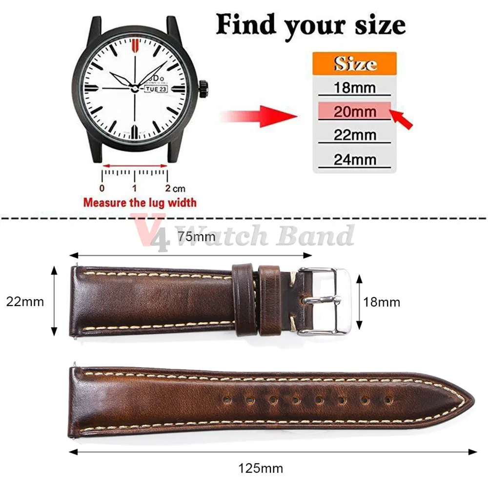 Premium Top Grain Brown Leather Watch Strap with Stainless Steel Buckle