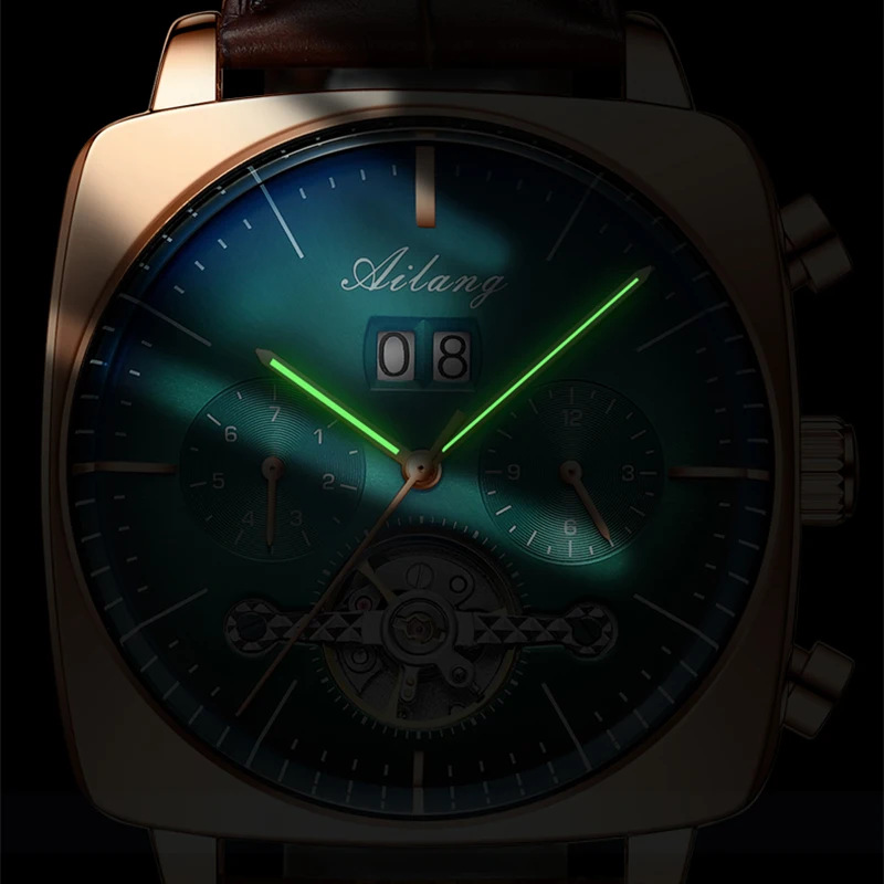 AILANG Luxury Men Automatic Mechanical Watch For Men New Fashion Tourbillon Watches Square Rose Gold Case 30M Waterproof Reloj