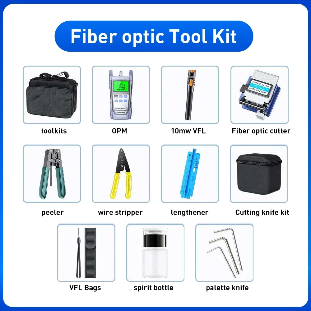 ZoeRax 11-in-1-Glasfaser-Werkzeugsatz FTTH mit Glasfaserschneider -70 ~ + 10 dBm optischer Leistungsmesser 10 MW visueller Fehlerorter