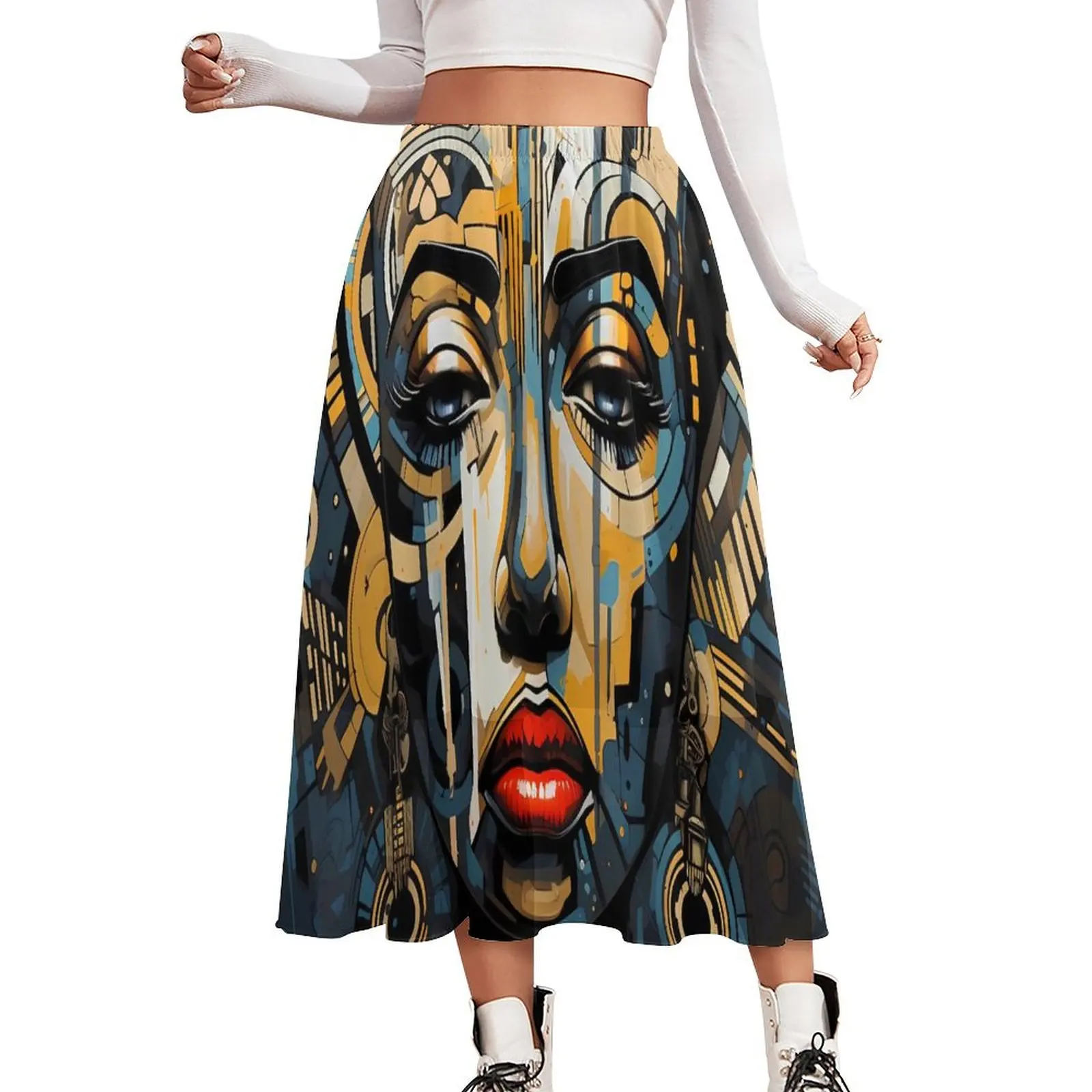 

Lady Face Print Chiffon Skirt Abstract African Y2K Long Skirts Women Elegant Boho Skirt Custom Clothing Gift Idea