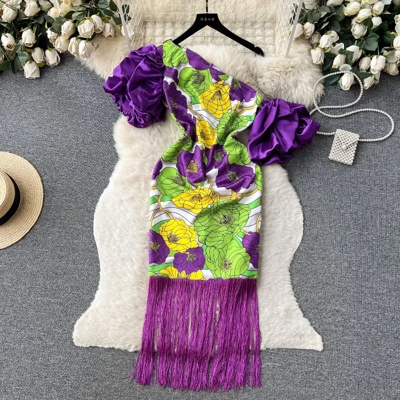 

Design Sense Print Contrast Puff Sleeve Dress Women Fashion Slant Collar Shoulder Slim Fit Hip Tassel Dress Lady Party Dress