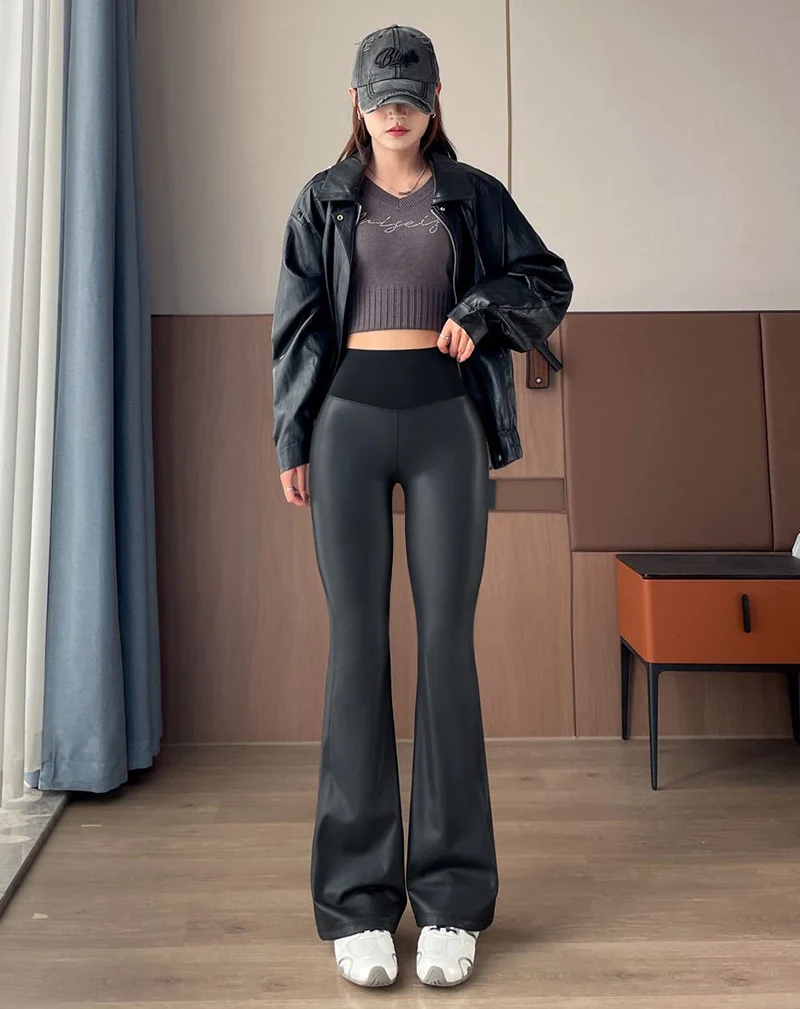 BIVIGAOS Autumn Winter Light Fleece Micro Flared Leather Pants Women's Fashion Tight Elastic PU Leather Splicing Flared Leggings