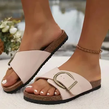 Comwarm 2025 Women's Cork Slippers Fashion Cork Footbed Flip Flops Open Toe Beach Sandals Classic Single Buckle House Slippers
