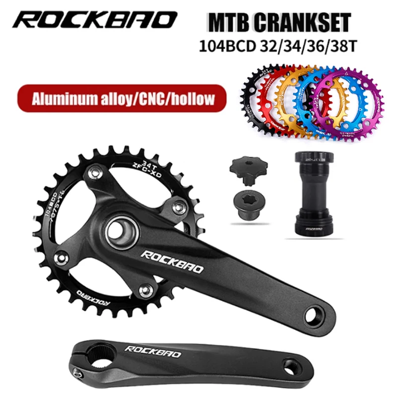 ROCKBAO Bike Crankset 104BCD 170mm MTB Hollow integrated Chainring 32/34/36/38T Mountain Bicycle Crank Bottom Bracket