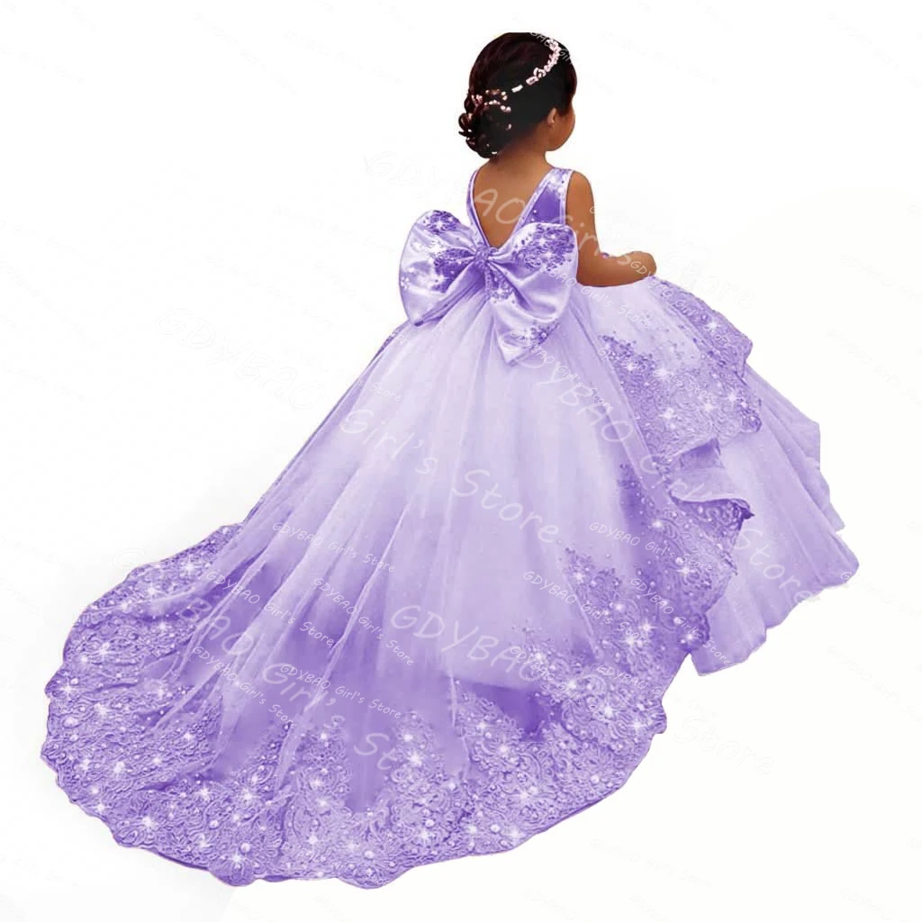 Flower Girl Dress Princess Pageant Dress with Train Birthday Gown Kids Beaded Lace