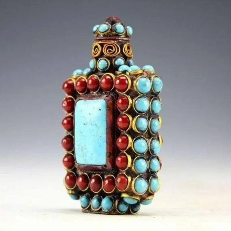 Chinese Old Tibet Silver Cloisonne beads beautiful turquoise snuff bottle 4