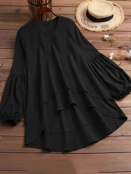 Plus Size Women's Fashion Round Neck Long Sleeved Simple Solid Color Blouse Lantern Sleeves Loose Casual Commuting Blouse 1