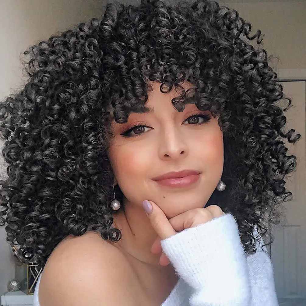 

Afro Kinky Curly Wigs With Bangs Brazilian Remy Curly Human Hair Wigs Glueless 200% Density Machine Made Wigs for Black Women