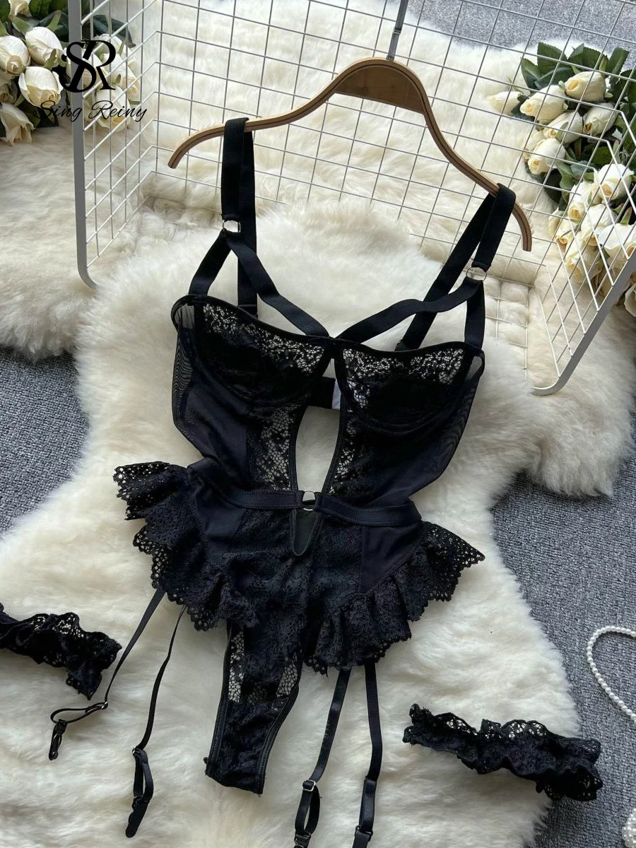 SINGREINY-body de lencería de encaje para mujer, body transparente