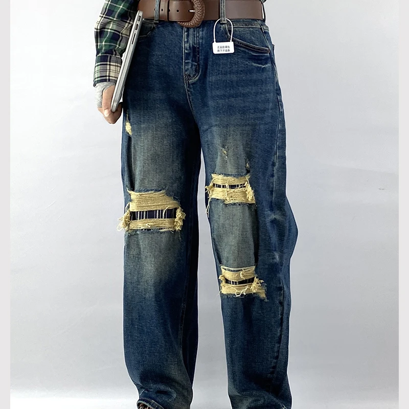 XXXXXL Fashion Plus Size Women's Jeans New Autumn Premium Stretched Denim Design Hole Patch Wide Leg Full Length Trousers 8393