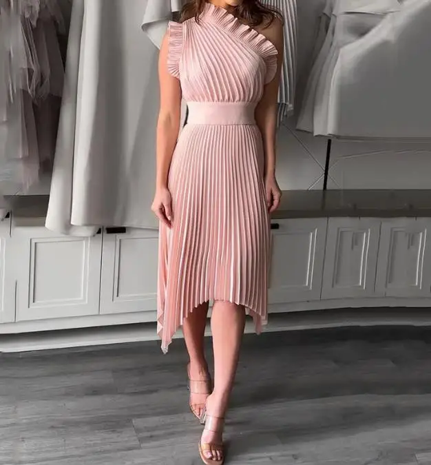 

Women's Dress 2023 New Elegant Ruffled One-Shoulder Sleeve Dress Temperament Waist Elegant Midi Pleated Dress Sweet Party Dress