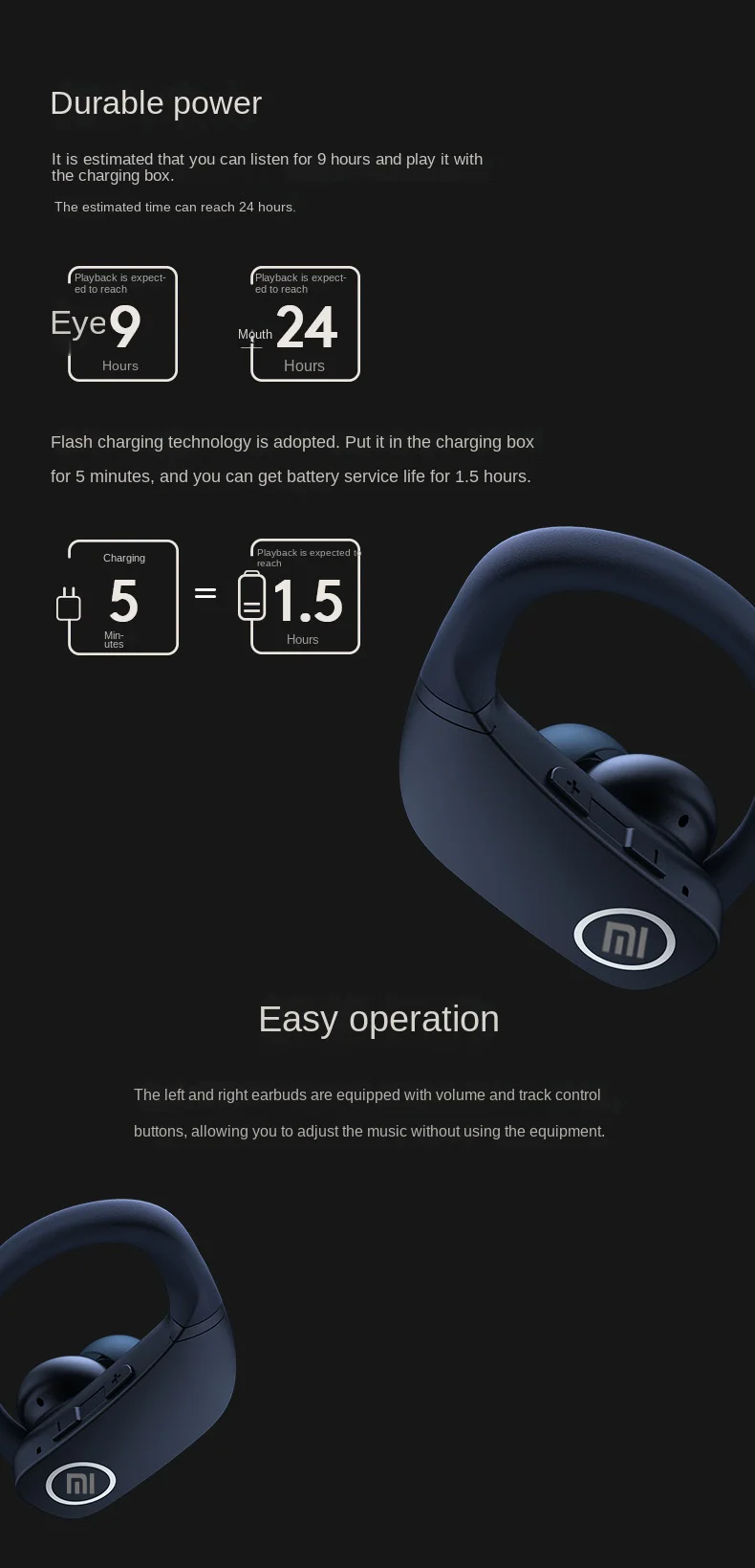 XIAOMI Wireless Earbuds Bluetooth Headphones Bass Sound Z9 Earhooks In-Ear  Sport Earbud Dual-LED Display Built-in Microphone - AliExpress