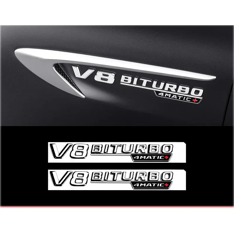 Mercedes Benz Silver Black AMG V8 Biturbo 4MATIC Emblems and Badges
