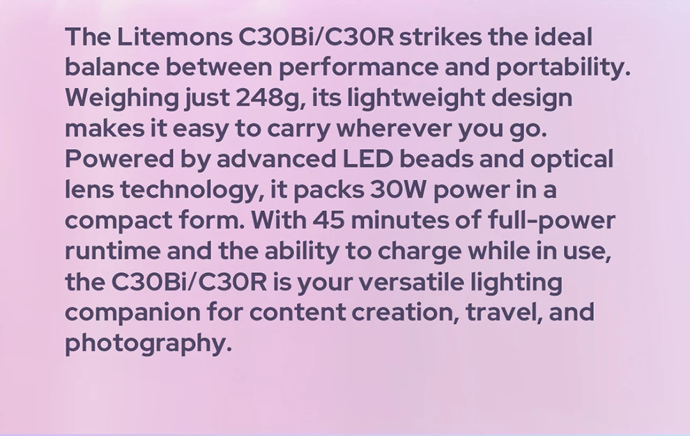 C30Bi C30R Litemons LED Light Panel Lightweight CRI94+ TLCI96+ 2800K-6500K Pocke