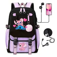 Disney Lovely Stitch Backpacks USB Patchwork Lightweight Laptop Teens School Bags Women Girls Capacity Cartoon Travel Mochilas 2