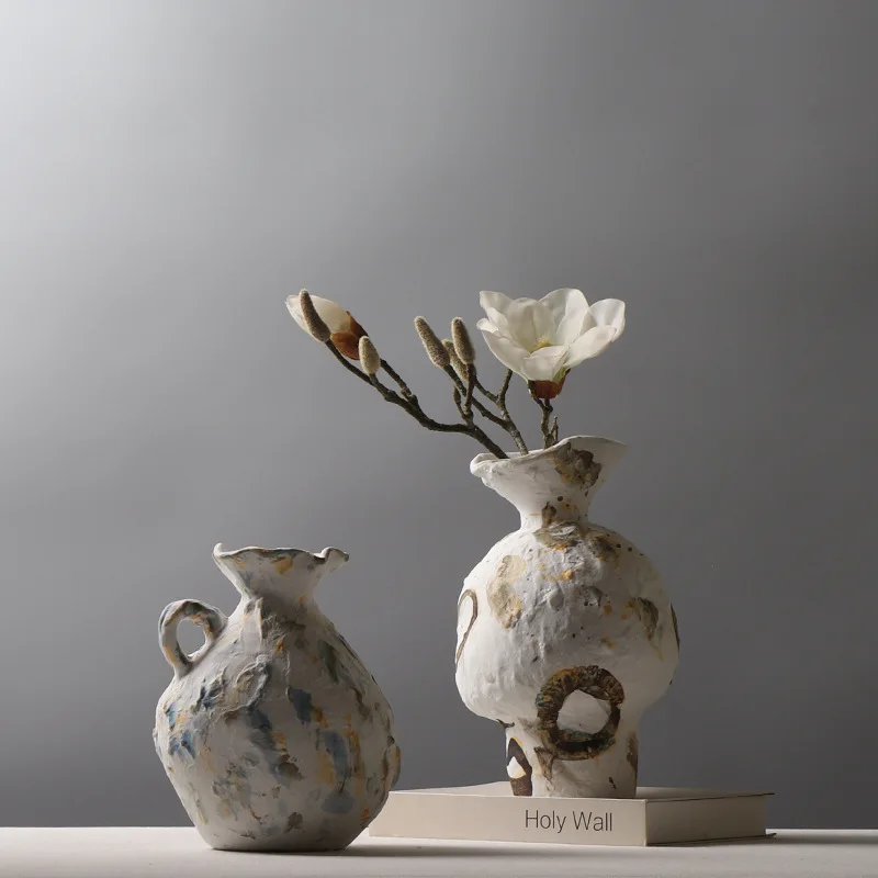 Nordic Simple Wabi-Sabi Style Element Embryo Ceramic Vase Home Retro Pottery Ornaments Do Old Home Stay Handpainted Vases