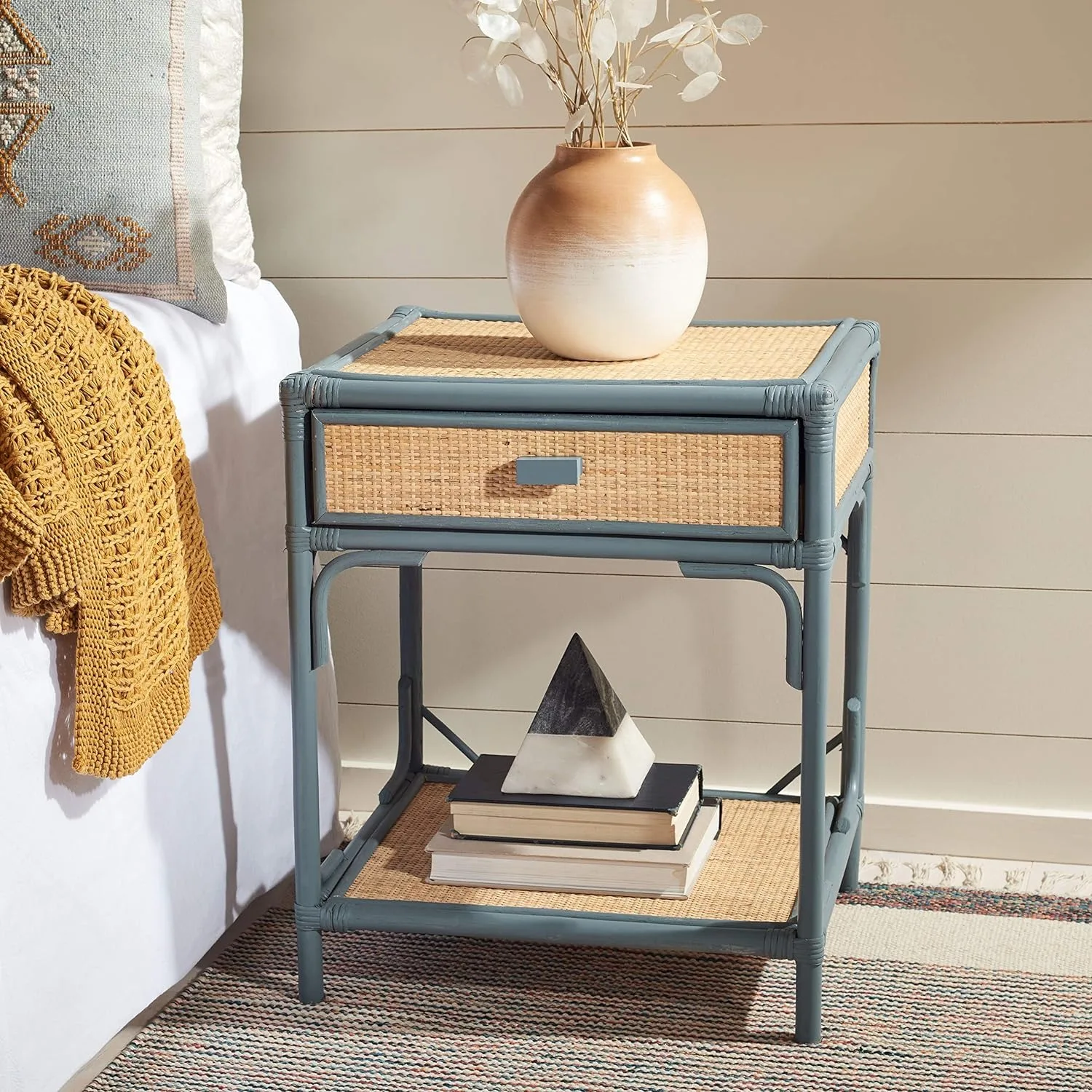 Safavieh Home Collection Roya Rattan 1-Drawer 1-Shelf Nightstand, Blue Grey/Natural 2