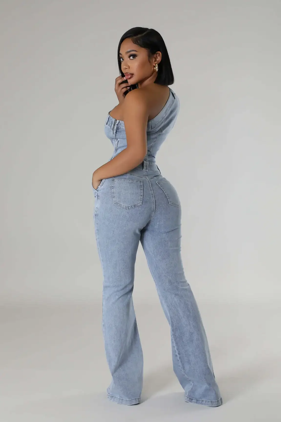 Women Skew Collar Sleeveless Cargo Flare Denim Jumpsuits Washed Oufits Street Club One Piece Jeans Rompers 2024 Summer