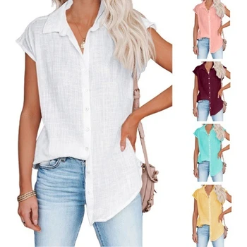 Camicia estiva in cotone e lino tinta unita Abbigliamento donna Casual Top a maniche corte T-shirt da donna Blusas T-shirt allentata sottile Donna 1
