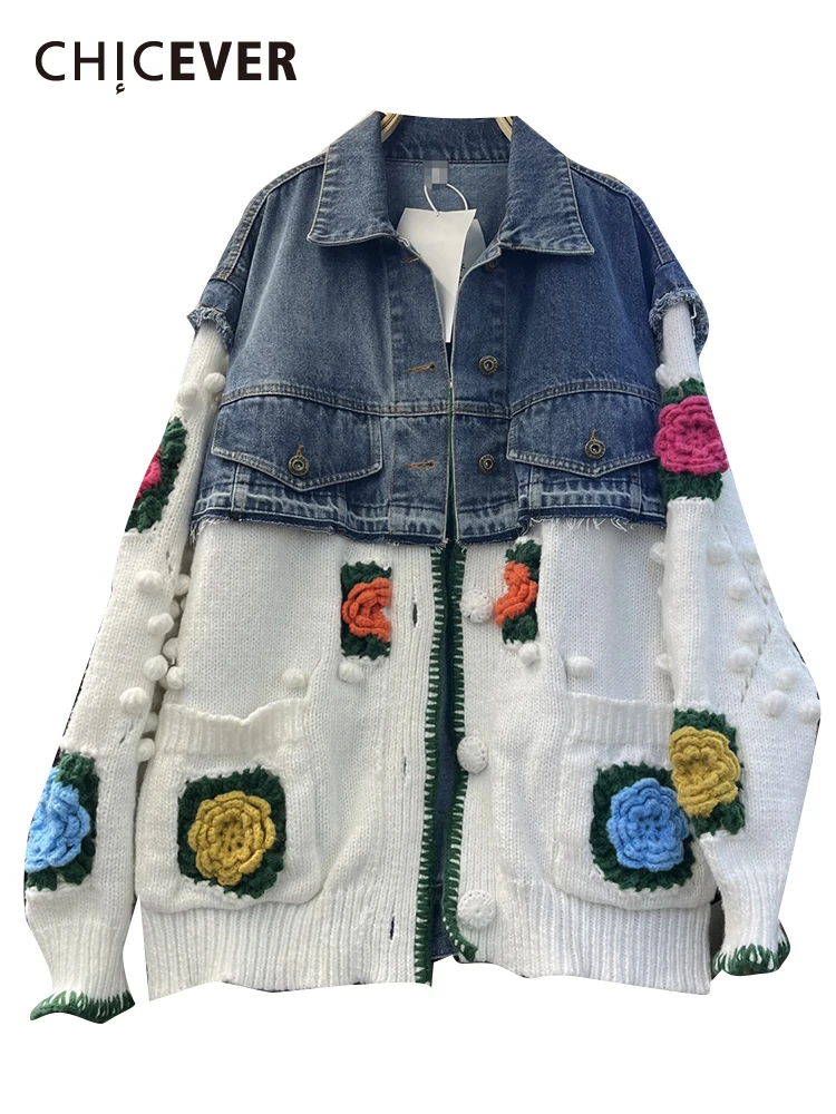

CHICEVER Autumn Knitting Denim Coat For Women Lapel Long Sleeve Single Breasted Spliced Appliques Casual Hit Color Jacket Female