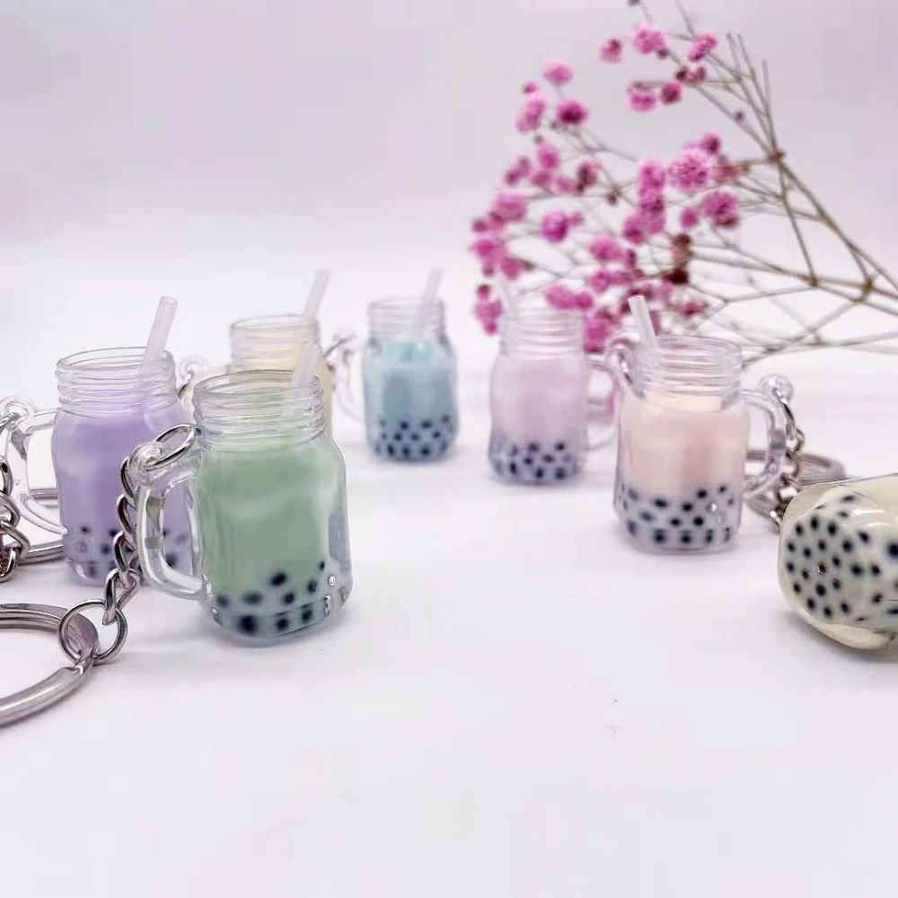 Cute Mini Bubble Tea Keychain Acrylic Small Boba Milk Tea Cup Straw Key