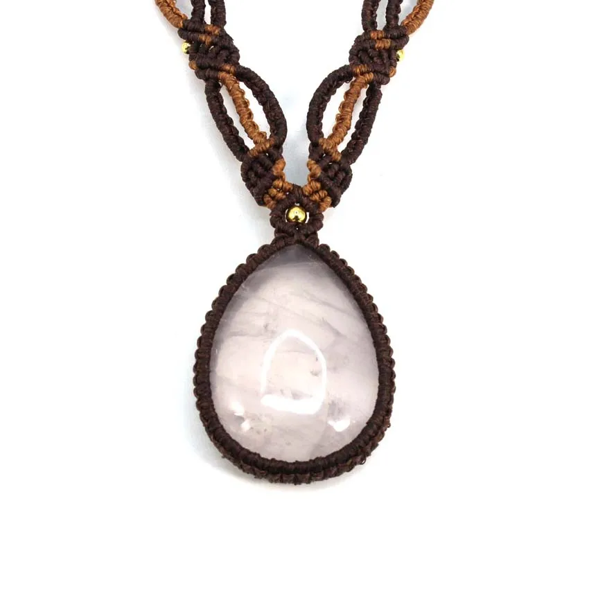 Rose Crystal Braided Stone Pendant Natural Pink Quartz Water Drop Handmade Thread Rope Wrapped Macrame Adjustable Chain Necklace 2