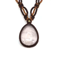 Rose Crystal Braided Stone Pendant Natural Pink Quartz Water Drop Handmade Thread Rope Wrapped Macrame Adjustable Chain Necklace 2