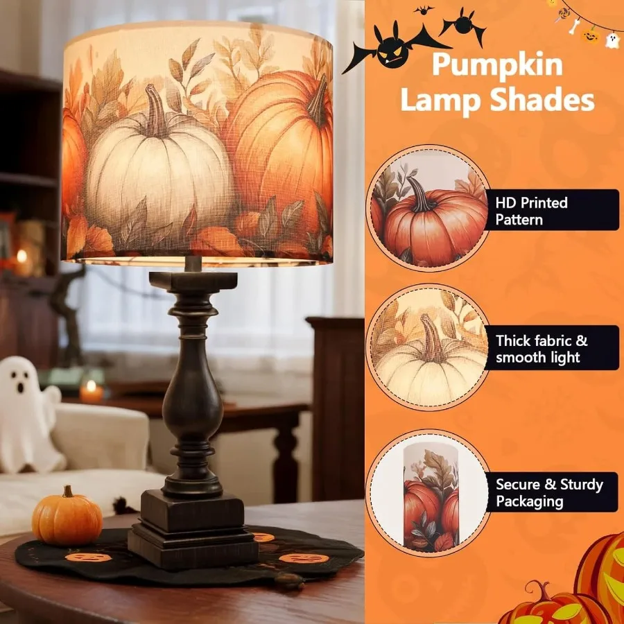 Halloween Lamp Shade with Pumpkin Design 13 Top x 13 Bottom x 10 Height Featuring Spider Theme Drum Style Fabric Lamp Shade for