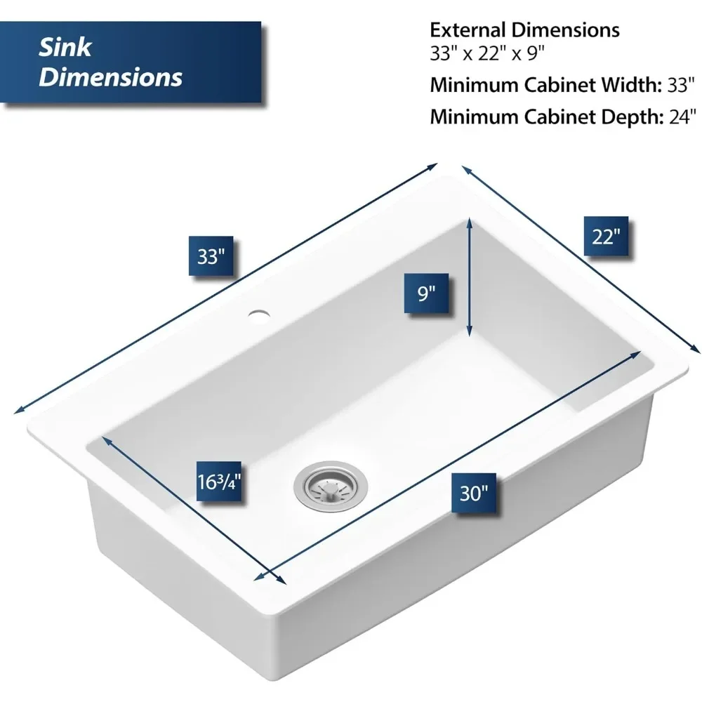 Top Mount. Large Single Bowl Quartz Kitchen Sink in 6