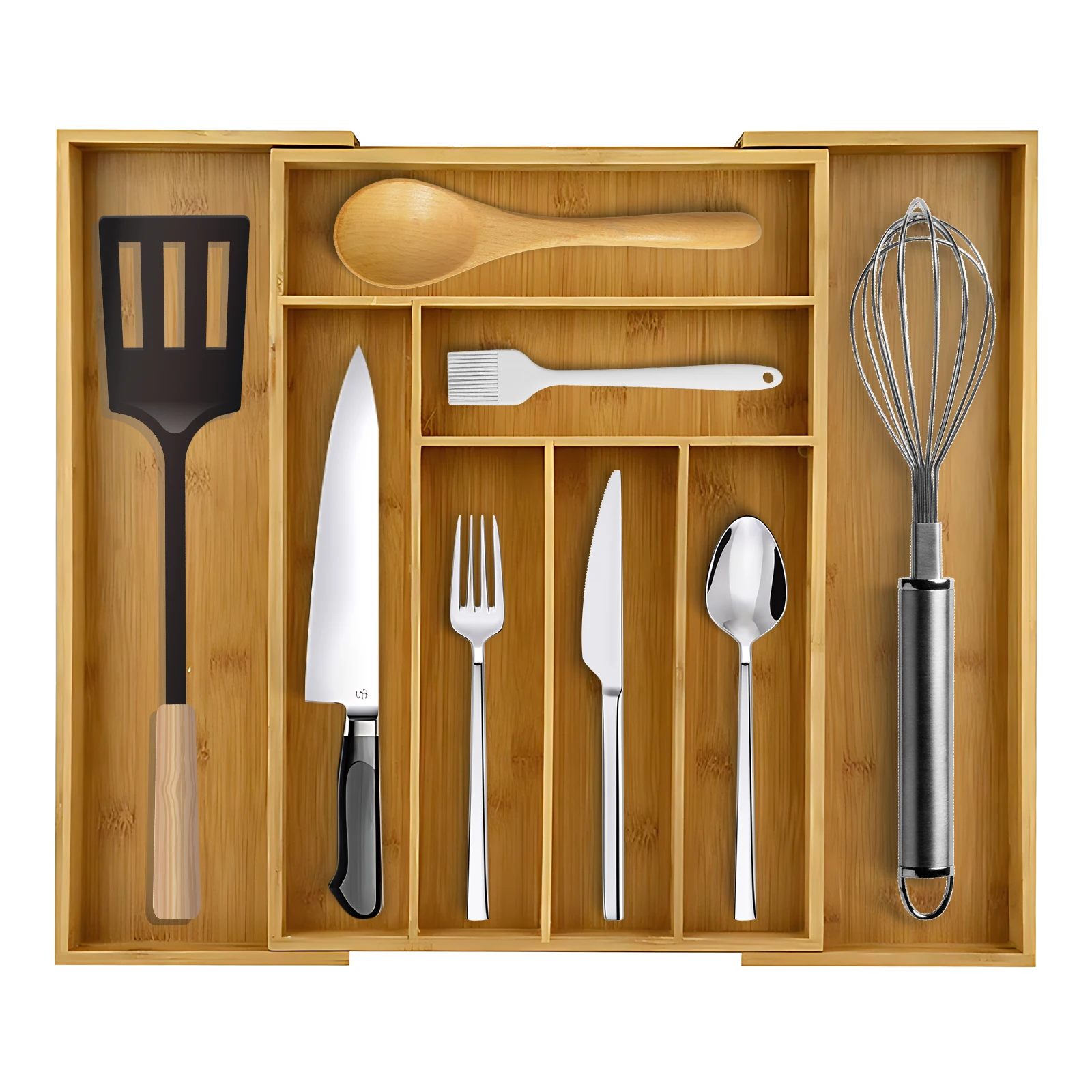 Multifunctional Expandable Kitchen Drawer Organizer for Utensils Cutlery Flatware Bamboo Silverware Tray