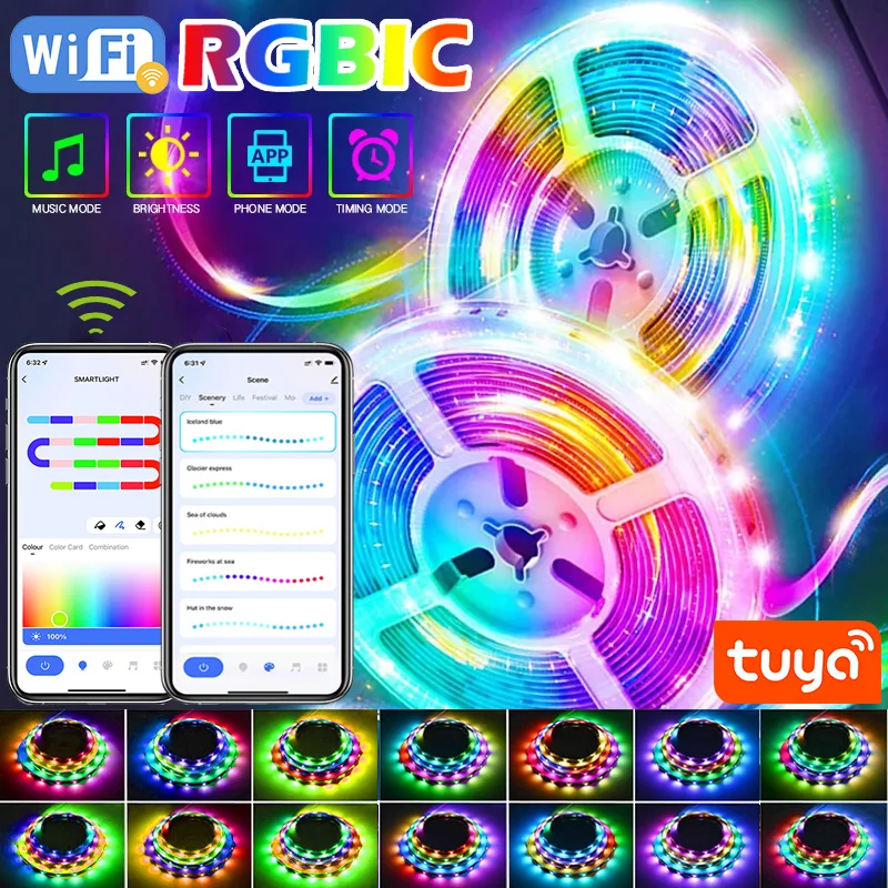 Dreamcolor TUYA  LED Strip Lights WIFI 5050SMD USB RGBIC 5V Flexible Lights Tape 12LEDs/M Home Lighting For Bedroom TV