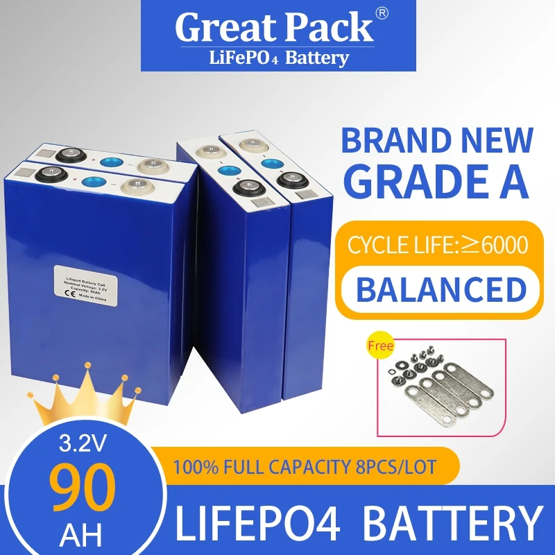 

LiFePO4 8PCS 3.2V 90Ah 100% Full Capacity Brand New Grade A Battery Cell Rechargeable Deep Cycle Lithium Io Solar Power Bank