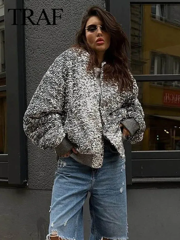 

TRAF 2024 Spring Female Fashion New Silver Sequins Coat Shinny Long Sleeves Bomber Jacket Pockets Woman Wild Cardigan Coats