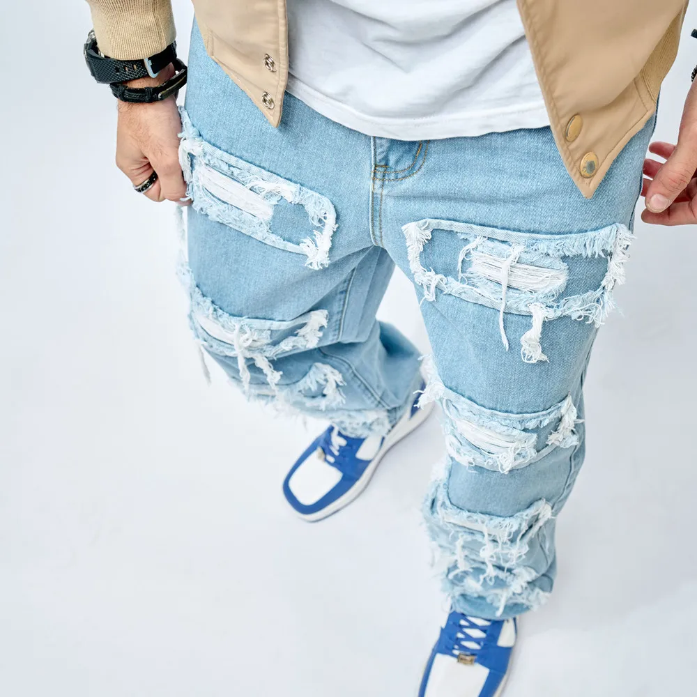 Buy Urbano Fashion Men Ice Blue Slim Fit Heavy Distressed-Torn Jeans Online