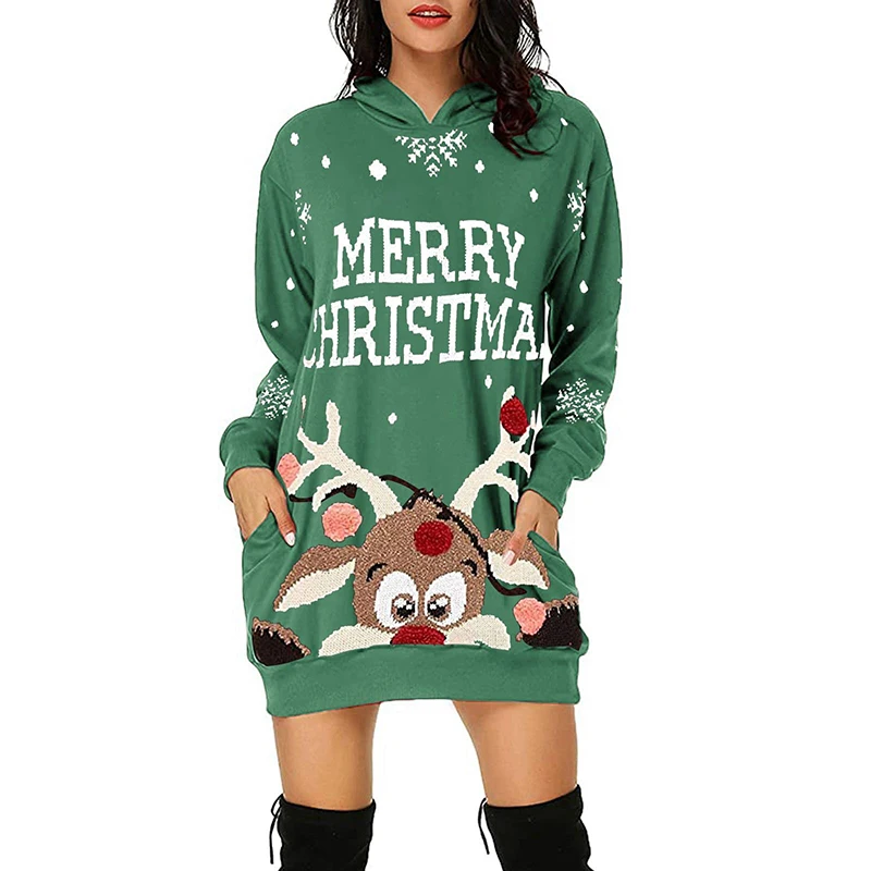 Red Merry Christmas Sweatshirts Women Casual Long Sleeve Loose Pockets Black Hoodies Festival Ladies Long Pullovers Chic Clothes