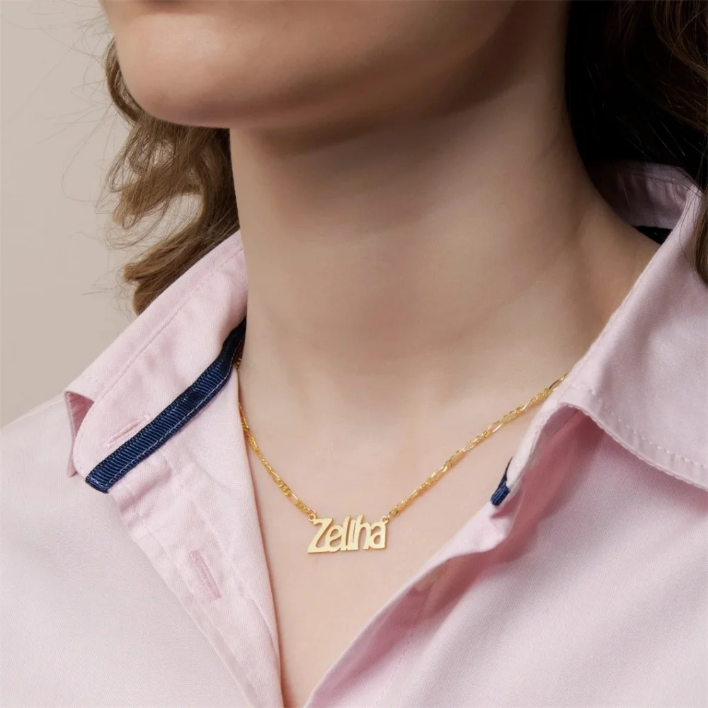 

Customize Name Necklaces for Women Men Gold Color Stainless Steel Figaro Chain Nameplate Choker Collar Jewelry Birthday Gifts