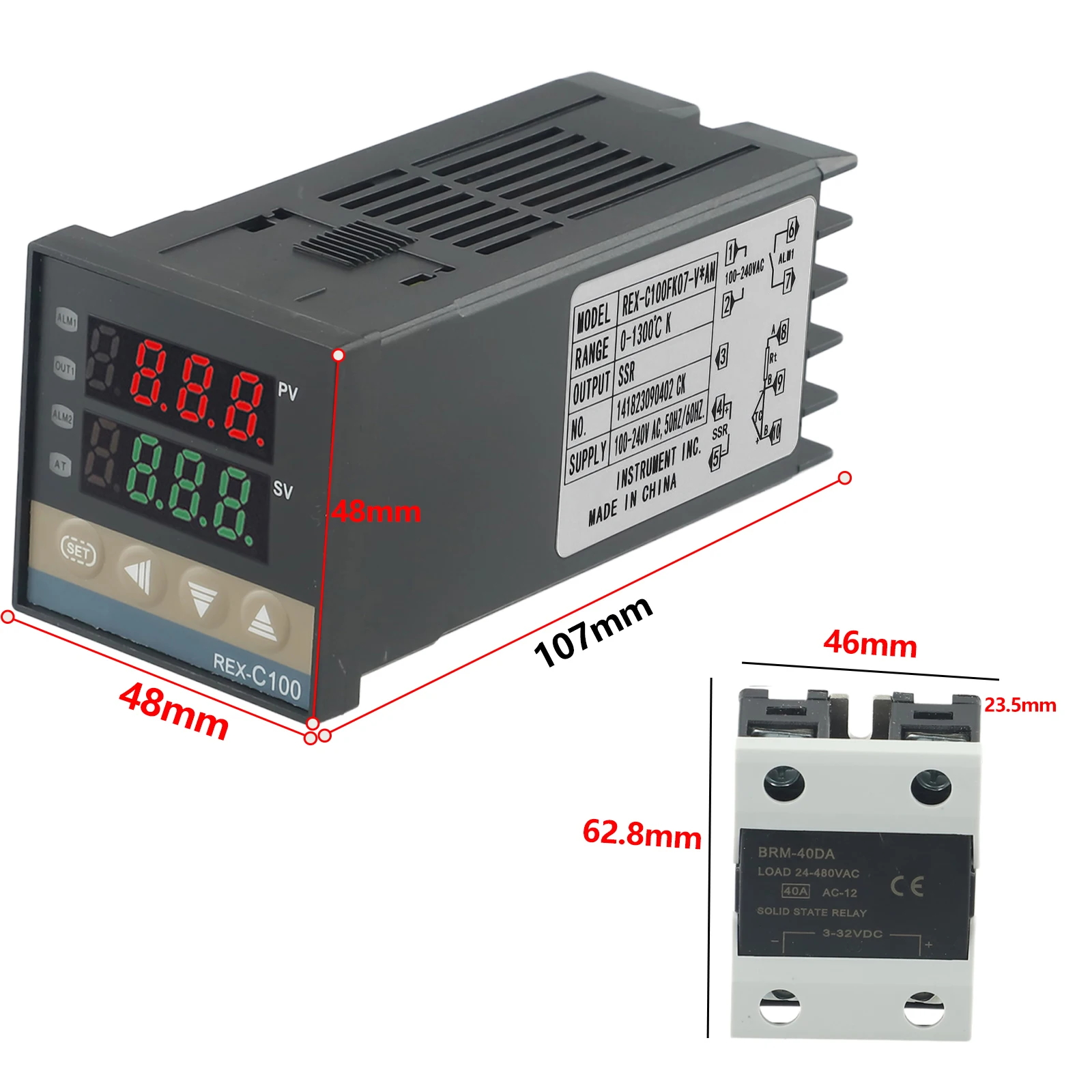 

1Set REX C100 AN Temperature Controller Set Digital PID Max 40A SSR K Thermocouple Probe Proportional Band Integral Time