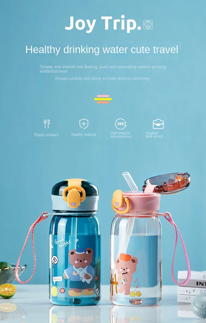 Botella de agua con pajita para niños, recipiente bonito de dibujos  animados, sin BPA, a prueba de fugas, portátil, para exteriores, 400ml -  AliExpress