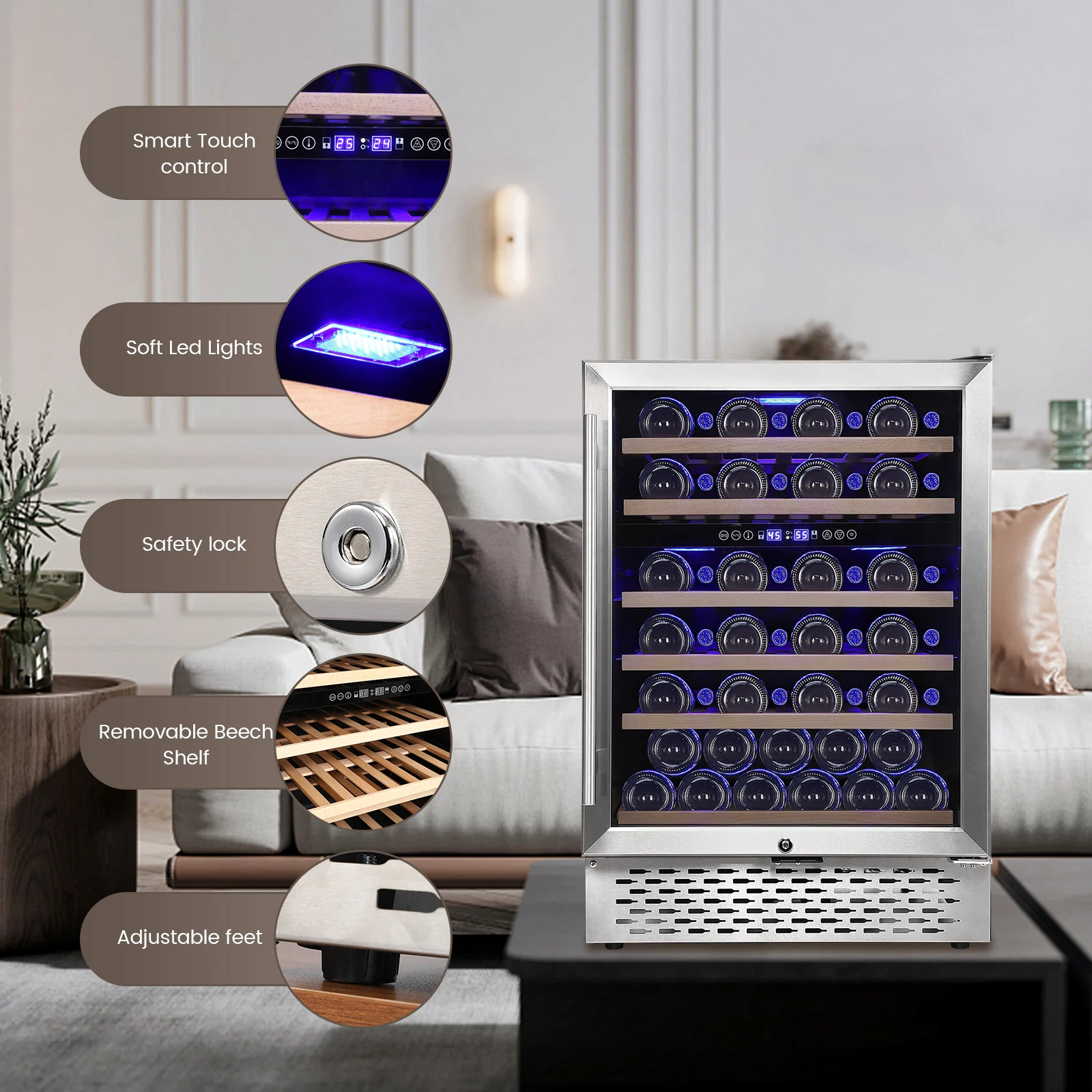 24 Inch Wine Cooler Under Couter Wine Fridge 51 Bottle Dual Zone Freestanding Mini Fridge with Digital Temperature Control 6