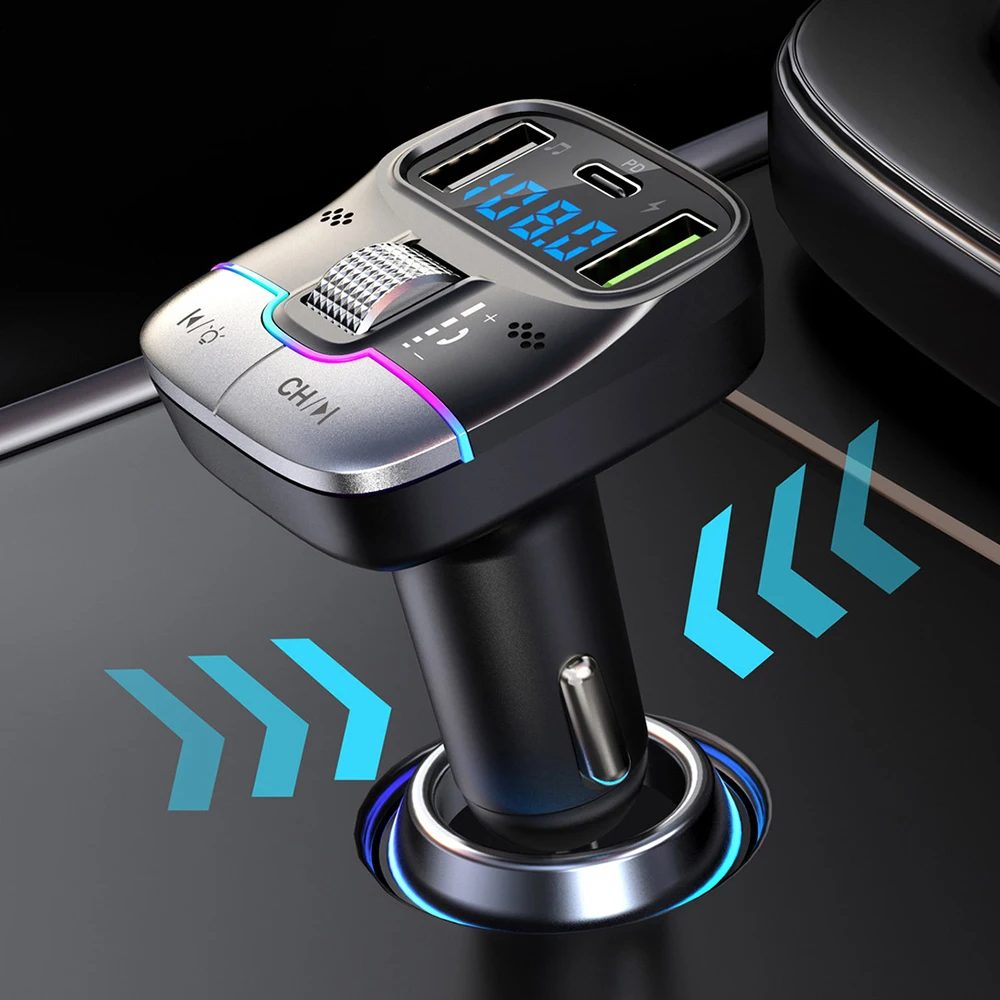 Bluetooth 5.3 Car FM Transmitter Wireless Bluetooth Car Adapter MP3 Player Handsfree Call Dual USB PD Fast Charger Roller Wheel